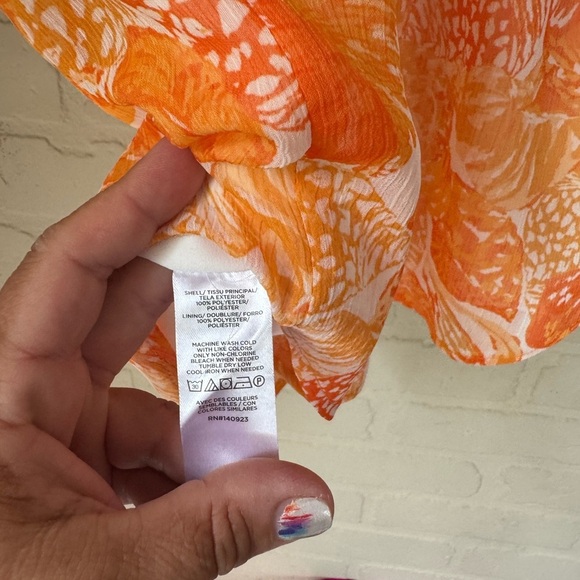 Loft seashell blouse Orange tropical lined v neck Top flutter sleeve XXS petite - Picture 2 of 6